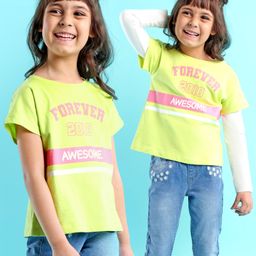 Babyhug 100% Cotton Full Sleeves T-Shirt Text Graphics Pack of 2 - Lime & Off White-image-12