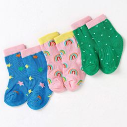 Cute Walk by Babyhug Non Terry Cotton Knit Ankle Length Anti Bacterial Socks Stars & Rainbow Design Pack of 3 - Blue Pink & Green-image-11