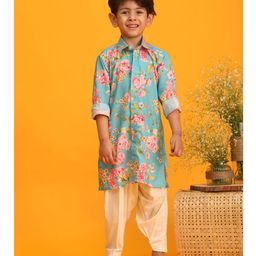 Vastramay Full Sleeves Floral Printed Kurta & Patiala - Blue Cream-image-60