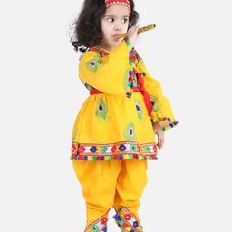 BownBee Janmashtami Theme Full Sleeves Peacock Feather Embroidered And Shisha Embellished  Dhoti Kurta With Mukut Bansuri Belt - Yellow-image-11