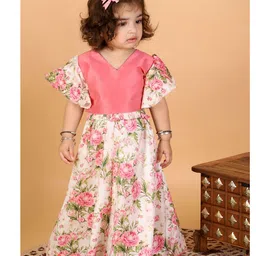 Vastramay Frill Sleeves Floral Printed Ruffled Crop Top And Skirt - Pink & Cream-picture-26