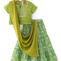 Babyhug Cotton Woven Half Sleeves Choli & Lehenga Set with Dupatta Floral Printed - Green-image-50