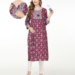 Bella Mama Woven Three Fourth Sleeves Floral Printed Yoke Maternity Kurta with Pocket - Wine-image-46