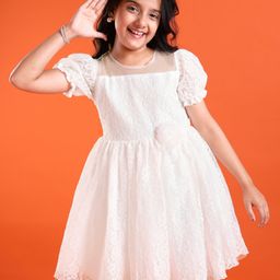 Pine Kids Woven Puffed Sleeves Party Frock With Floral Embroidered & Applique -White-image-54