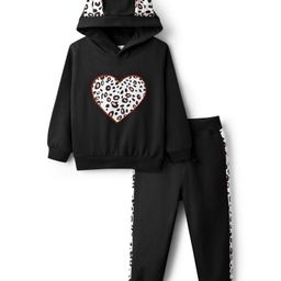 Kookie Kids Terry Knit Full Sleeves Hooded Winter Wear Suit With Hearts Print - Black-image-14