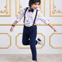 Mark & Mia Full Sleeves Alphabet Printed Shirt & Trouser Set with Bow & Suspender - Navy Blue-image-56
