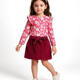 Babyhug Single Jersey Knit Full Sleeves Floral Printed Top & Mid Thigh Length Skirt Set - Pink & Maroon-image-30
