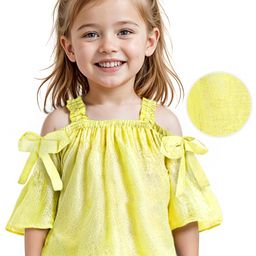 Babyhug Cotton Lurex Knit Three Fourth Off Shoulder Sleeves Top with Knot Detailing - Lime Green-image-84