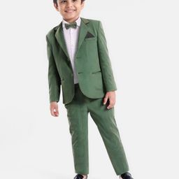 Babyhug Knit Full Sleeves Solid Colour 3 Piece Party Suit With Bow - Green-image-83