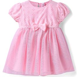 Babyhug Mesh Woven Half Puffed Sleeves Glitter Printed Frock with Bow Applique - Pink-image-47