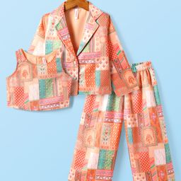 Babyhug Woven Top with Three Fourth Sleeves Printed Jacket & Palazzo - Peach-image-87