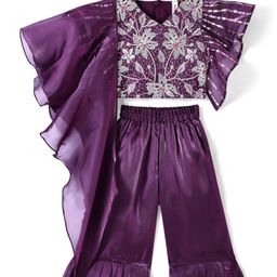 Babyhug Woven Flutter Sleeves Slik Sequined Embroidered Top & Palazzo Set with Dupatta- Wine-image-64