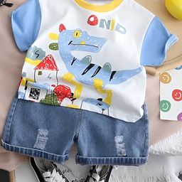 Googo Gaaga Cotton Half Sleeves Dino Printed Tee & Denim Shorts Set - White-image-72