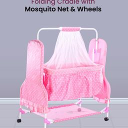 Star Printed Folding Cradle with Mosquito Net & Wheels - Pink-picture-26