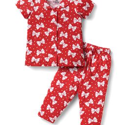 Doodle Poodle 100% Cotton Knit Half Sleeves Co-ords Front Open Night Suit with Bow & Polka Dots Print - Red-image-86