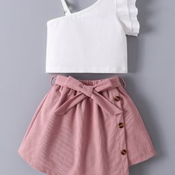 Mark & Mia Cotton Sleeveless Solid Color Top Skirt Set and Belt with Stripes - White & Pink-picture-22