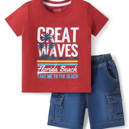 Babyhug Single Jersey Knit Half Sleeves T-Shirt & Denim Shorts Set With Beach Theme Print - Red & Blue-image-93
