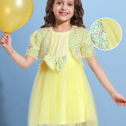 Hola Bonita Knit Glitter Mesh Party Dress With Half Sleeves Sequinned Jacket & Bow Applique - Yellow-picture-12