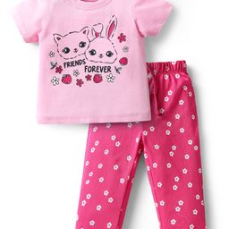 Doodle Poodle 100% Cotton Knit Half Sleeves Night Suit With Animal & Floral Print - Pink-image-75