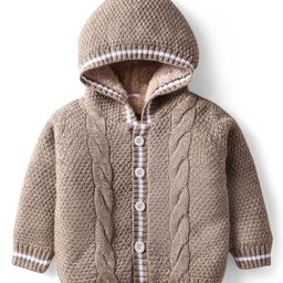 Babyhug Knitted Full Sleeves Hooded Front Open Sweater With Cable Knit Design - Beige-image-85