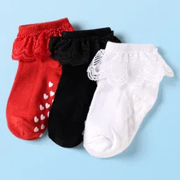Cute Walk by Babyhug Knit Ankle Length Anti Skid Anti Bacterial Socks with Frill Detailing Pack of 3 - Red Black & White-picture-13