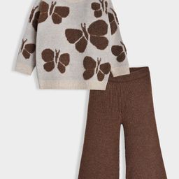 Mi Arcus Knit Full Sleeves Butterfly Designed Sweater & Flared Pant Set - Beige & Brown-image-32