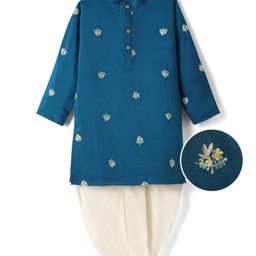 EARTHY TOUCH Woven Full Sleeves Kurta Dhoti Set With Floral Embriodery - Blue-picture-31