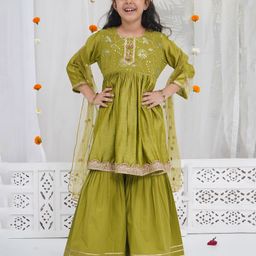 Little Bansi 100% Cotton With Chanderi Silk Woven Three Fourth Sleeves Floral Embroidered Sequin Embellished Kurti Sharara With Dupatta - Mehendi Green-image-27