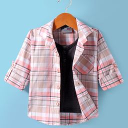 Dapper Dudes Full Sleeves Checked Shirt With Attached Tee - Peach-picture-42
