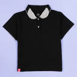 Kiddopanti Cotton Knit Half Sleeves Beads & Lace Embellished Collared Polo Tee - Black-picture-27