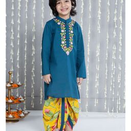 KID1 Cotton Woven Full Sleeves Floral Embroidered Kurta Dhoti Set - Blue-picture-5