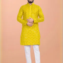 Shree Sundha Men Embroidered, Embellished Straight Kurta (Yellow)-picture-17