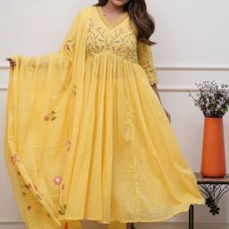 MILAAV Women Floral Embroidered Cotton Anarkali Kurta with Trousers & Dupatta-image-24