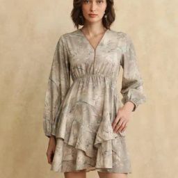 RAREISM Beige Rayon Printed Long Sleeves Dress-image-75