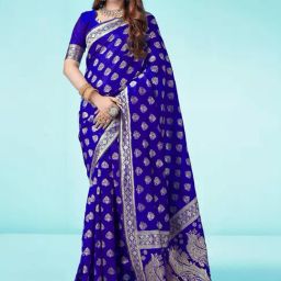 Satrani Royal Blue Woven Saree With Unstitched Blouse-image-66