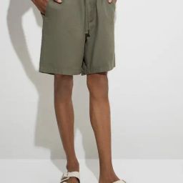 ETA by Westside Olive Solid Relaxed-Fit Mid-Rise Cotton-Blend Shorts-image-96