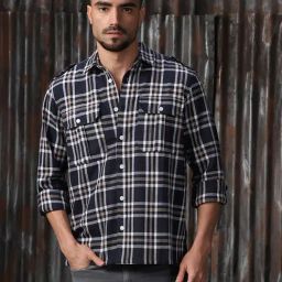 High Star Blue Cotton Relaxed fit Checks Shirts-image-17