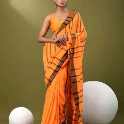 CHARUKRITI Orange Cotton Striped Saree With Unstitched Blouse-image-104