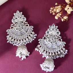 Sangria Stainless Steel Silver plated Kundan Studded And Beaded Contemporary Drop earrings-26