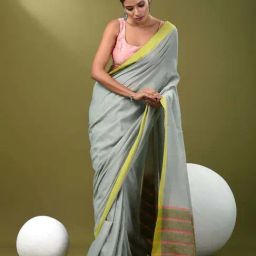 CHARUKRITI Grey Cotton Saree With Unstitched Blouse-picture-21