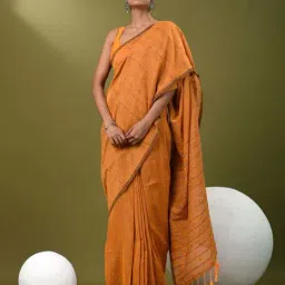 CHARUKRITI Orange Cotton Colourblocked Saree With Unstitched Blouse-image-47