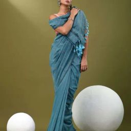CHARUKRITI Blue Cotton Colourblocked Saree With Unstitched Blouse-picture-19