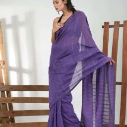 CHARUKRITI Purple Cotton Colourblocked Saree With Unstitched Blouse-picture-32