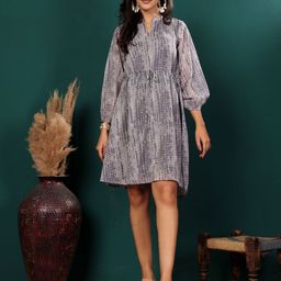 Varanga Print Puff Sleeve Georgette A-Line Dress-image-25