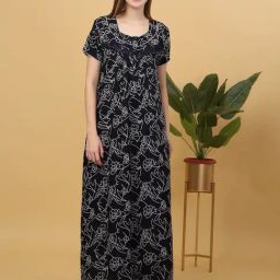 Sweet Dreams Navy Blue Viscose Printed Night Dress-image-80