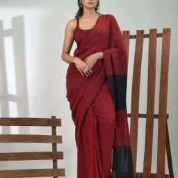 CHARUKRITI Red Cotton Colourblocked Saree With Unstitched Blouse-picture-35