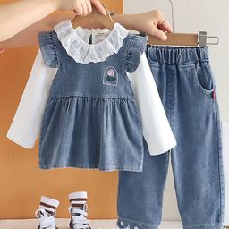 INCLUD Girls Cotton Solid Denim Tunic With T-Shirt & Denim Pants Set-picture-12