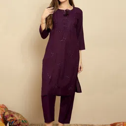 Indo Era Burgundy Floral Embroidered Tie Up Neck Straight Kurta-56