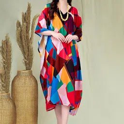 Exotic India Women Multi-Color Geometric Pattern Print Rayon Midi Kaftan-picture-0