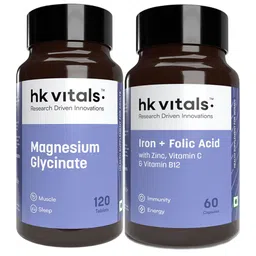 HK VITALS Set Of 2 Magnesium Glycinate Tablets-120 Tablets & Iron + Folic Acid -60 Capsule-55